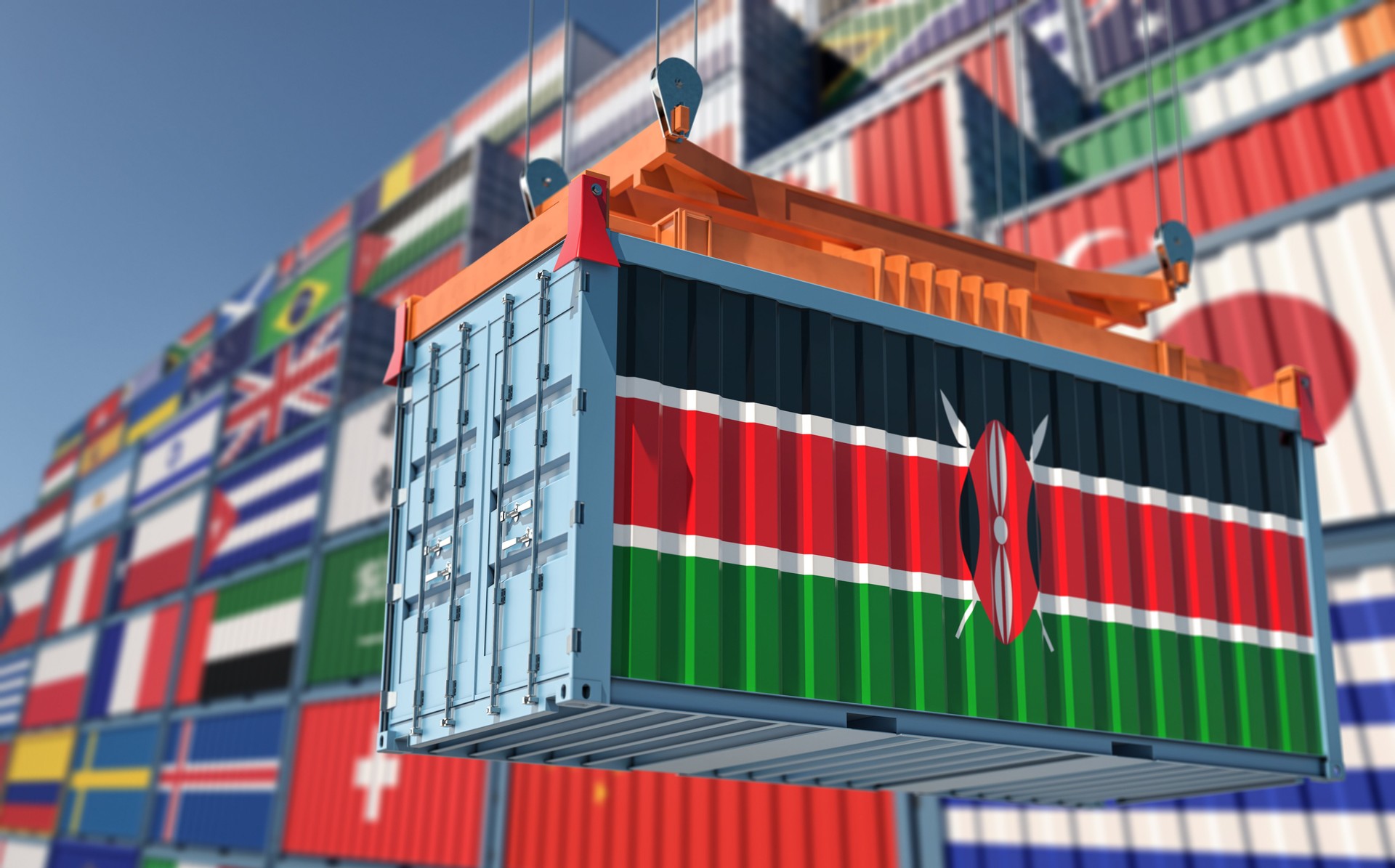 Freight container with Kenya flag. 3D Rendering