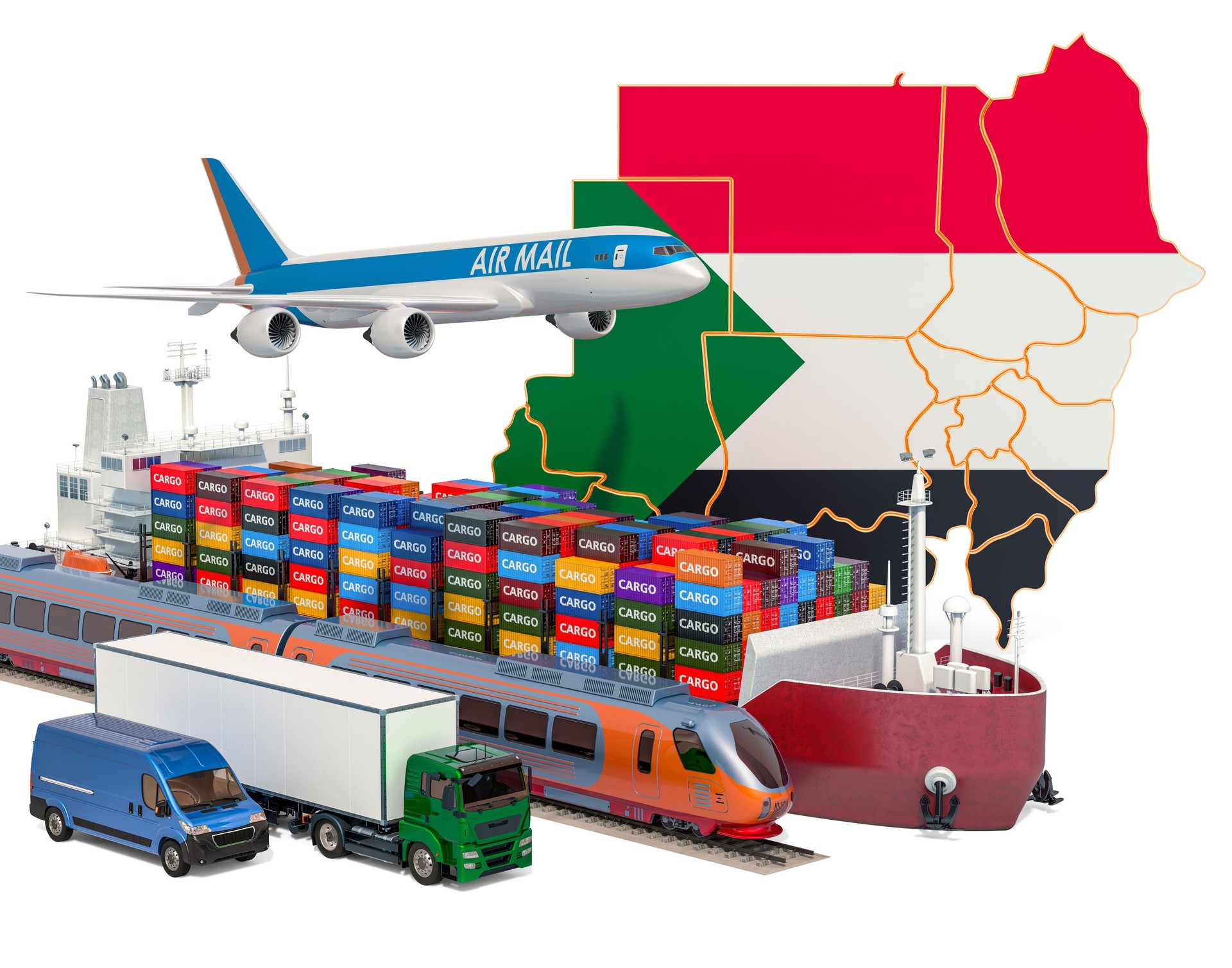 Cargo shipping and freight transportation in Sudan by ship, airplane, train, truck and van. 3D rendering isolated on white background
