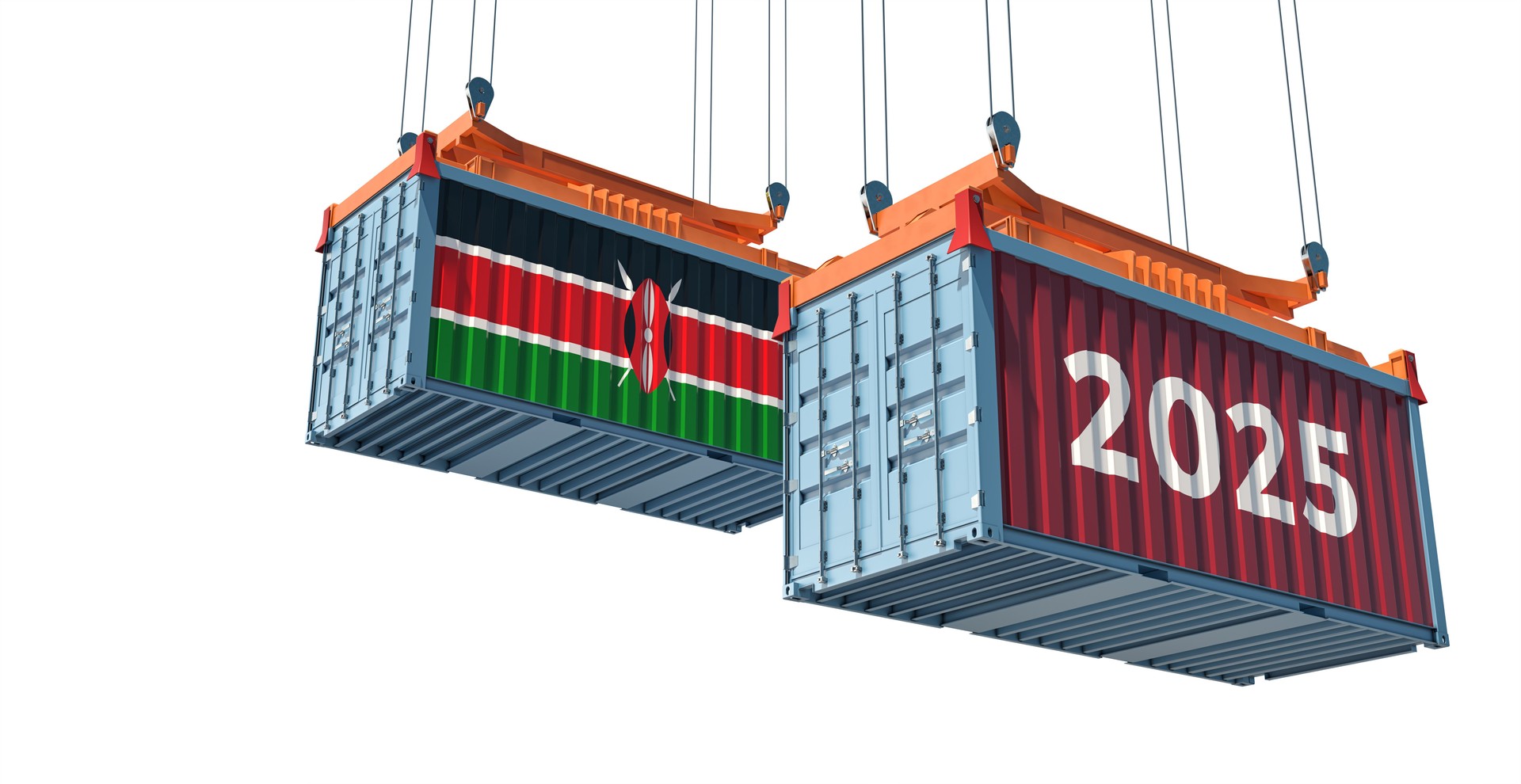 Trading 2025. Freight container with Kenya national flag. 3D Rendering